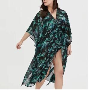 Torrid Chiffon Maxi Coverup Kimono Black & Green Palms Size 2X Tropical Beachy